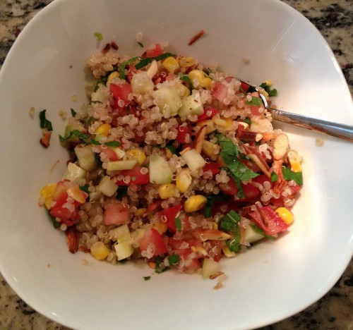 Quinoa Salad with Almonds, Corn, Tomatoes, Cucumber and Mint